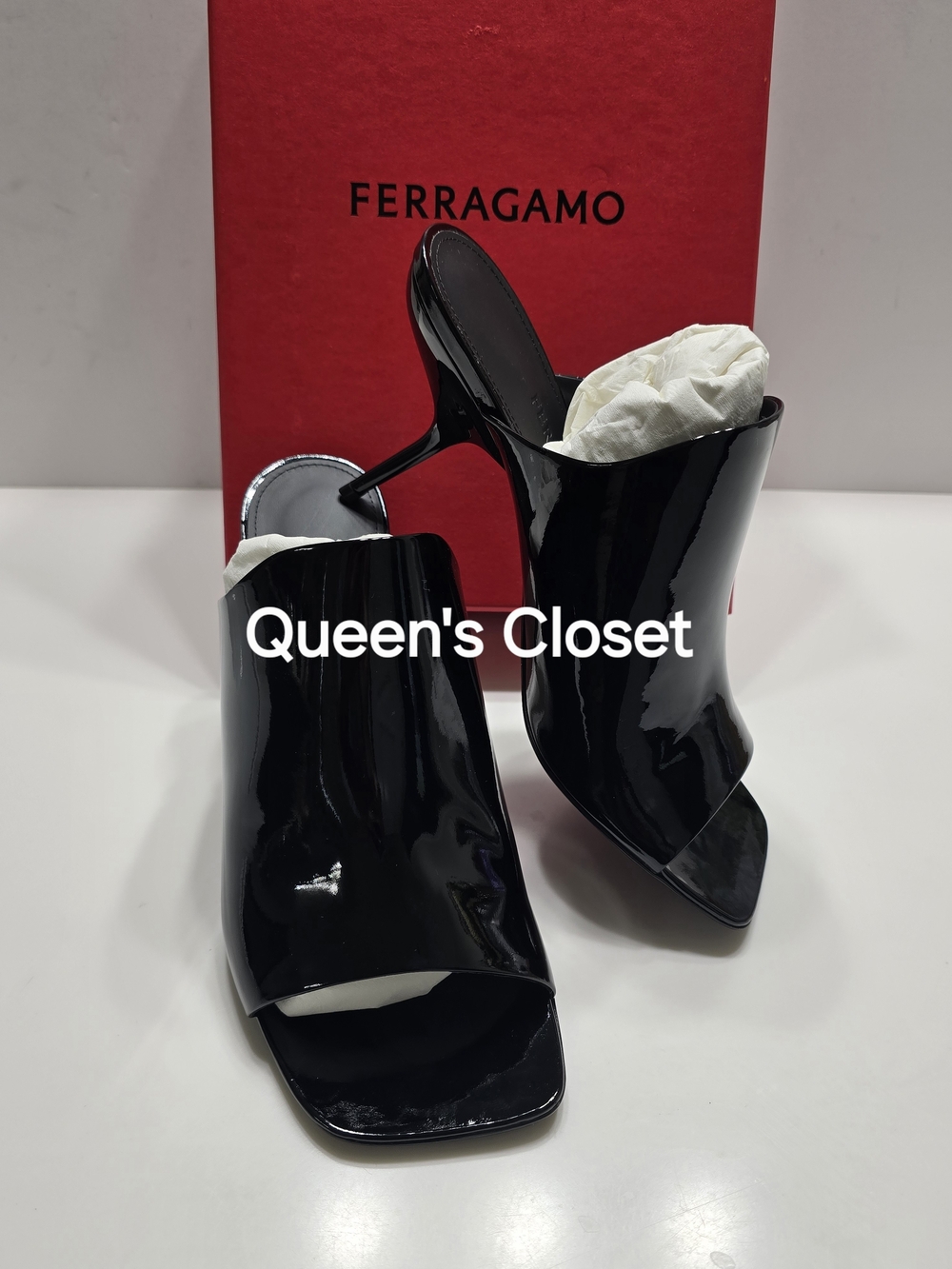 Salvatore Ferragamo Black Patent Open-Toe High Heel ERA Mules... Size 10